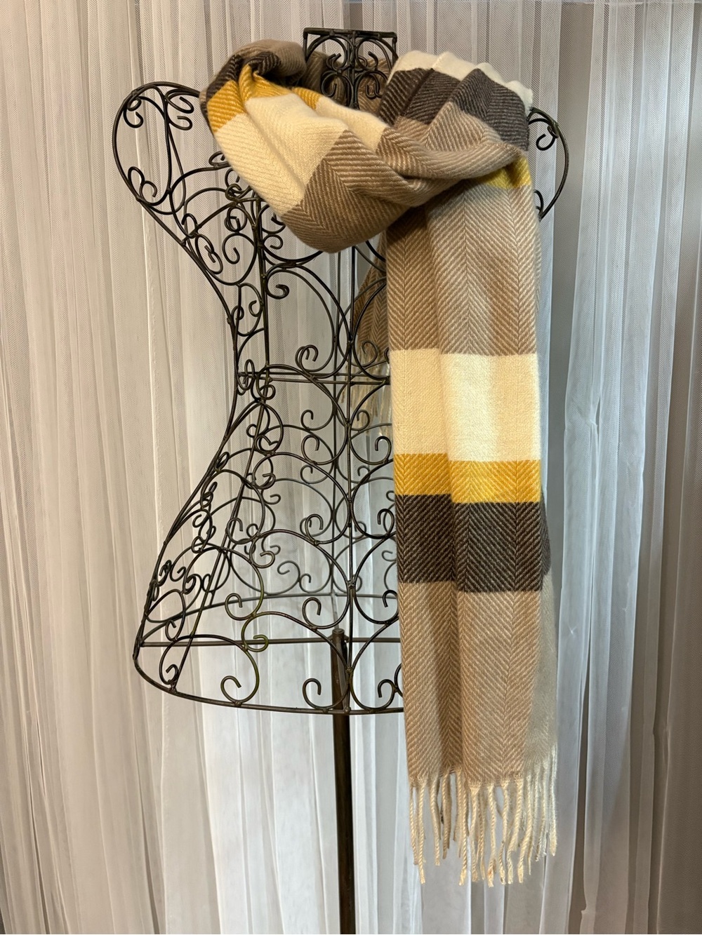 Cozy Plaid Fringe Scarf in Cream, Mustard & Brown